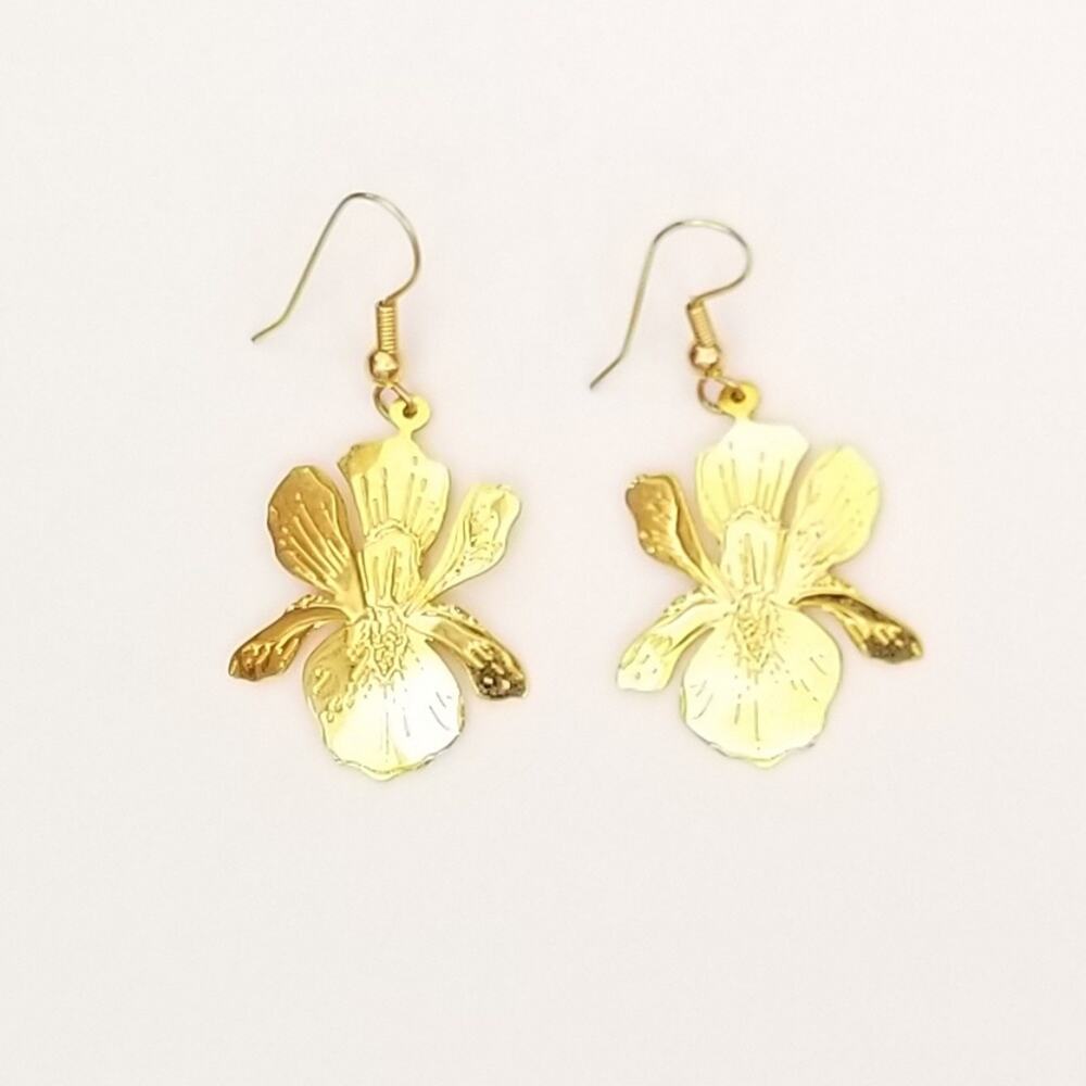 Earrings Vtg Hook Dangle Drop Flower Tropical Hawaiian Gold Tone